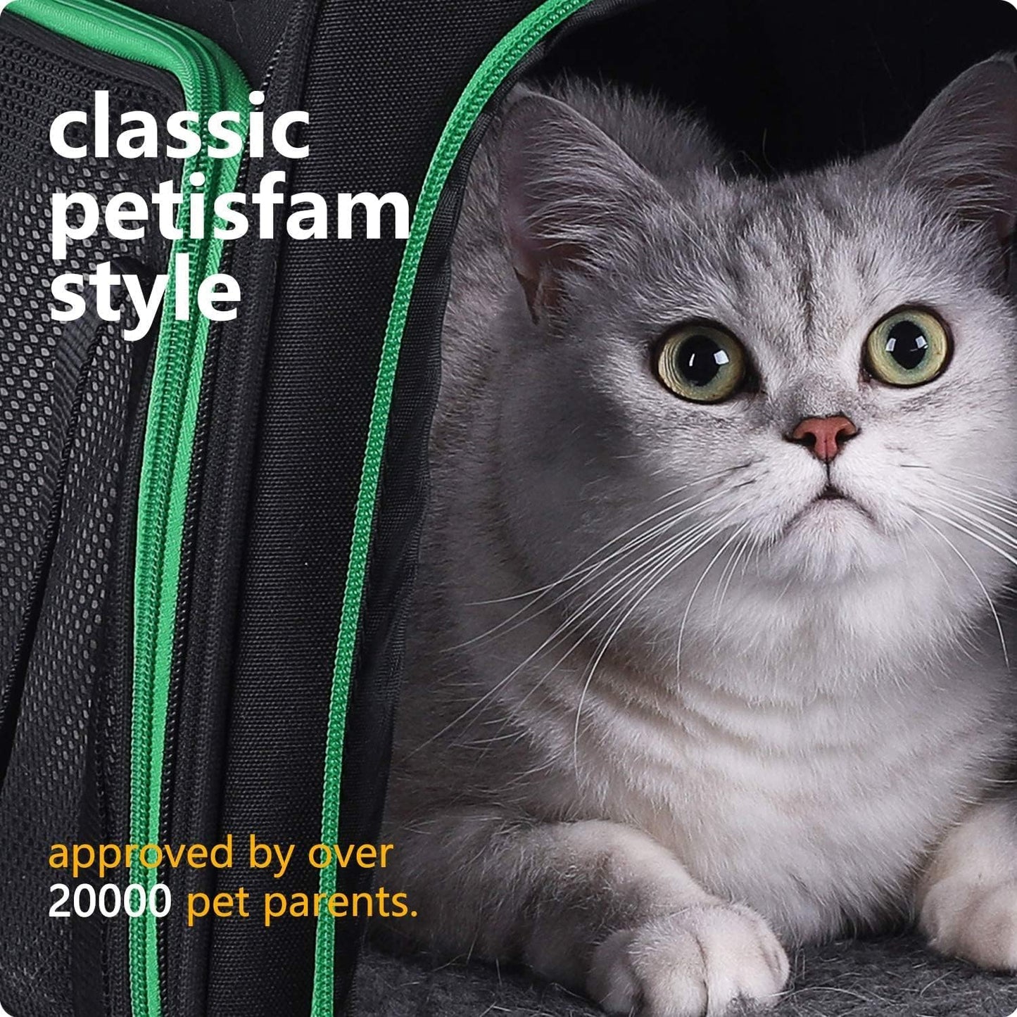 Quick-In Pet Carrier Bag for Cats & Dogs. Airy Mesh Windows Let Fur-Kids See You Reduce Anxiety & Breath Easy. Rip-Stop Fabric & Lockable Zips Hug Securely. Washable Comfy Pad. Collapsible