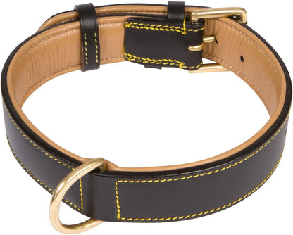 Black Leather Padded Dog Collar with Heavy Duty Brass Buckle, Size Xlarge, 28" Long X 1.75" Wide, Neck Size Fits 22" to 25" Inches