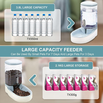 Automatic Dog Cat Feeder and Water Dispenser Set,Waterer and Gravity Food Feeder for Small & Medium Dogs Cats Puppies,Large Capacity 1 Gallon X 2 (Grey)