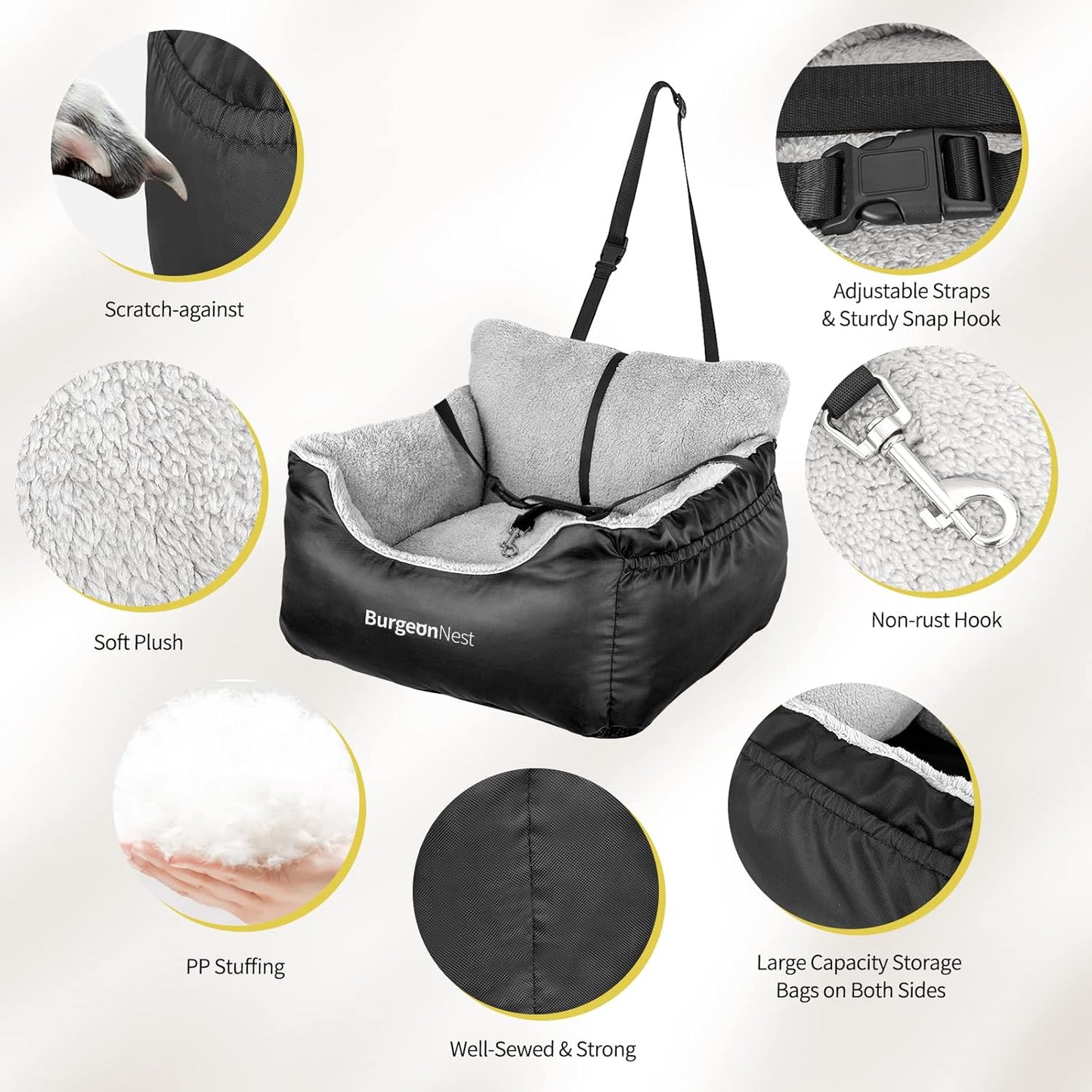 Dog Car Seat for Small Dogs, Soft Pet Car Travel Home Bed under 25 Lbs, Fully Detachable and Washable Cat Booster Carseats with Storage Pockets and Clip-On Leash Portable Carrier,Black