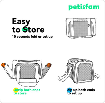 Quick-In Pet Carrier Bag for Cats & Dogs. Airy Mesh Windows Let Fur-Kids See You Reduce Anxiety & Breath Easy. Rip-Stop Fabric & Lockable Zips Hug Securely. Washable Comfy Pad. Collapsible