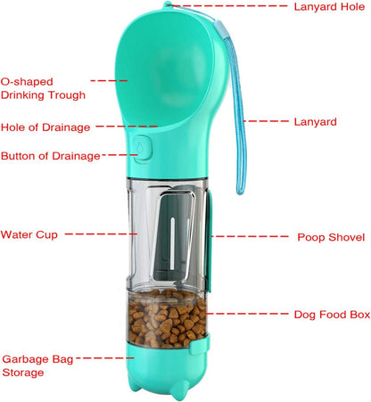 Blueberry 4-In-1 Portable Dog Bowl & Water Bottle - Travel Dog Water Dispenser with Food Box, Garbage Bag Storage & Poop Shovel