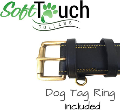 Black Leather Padded Dog Collar with Heavy Duty Brass Buckle, Size Xlarge, 28" Long X 1.75" Wide, Neck Size Fits 22" to 25" Inches