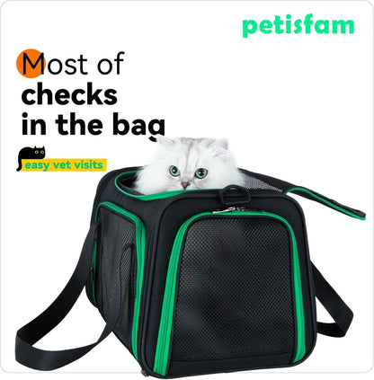 Quick-In Pet Carrier Bag for Cats & Dogs. Airy Mesh Windows Let Fur-Kids See You Reduce Anxiety & Breath Easy. Rip-Stop Fabric & Lockable Zips Hug Securely. Washable Comfy Pad. Collapsible