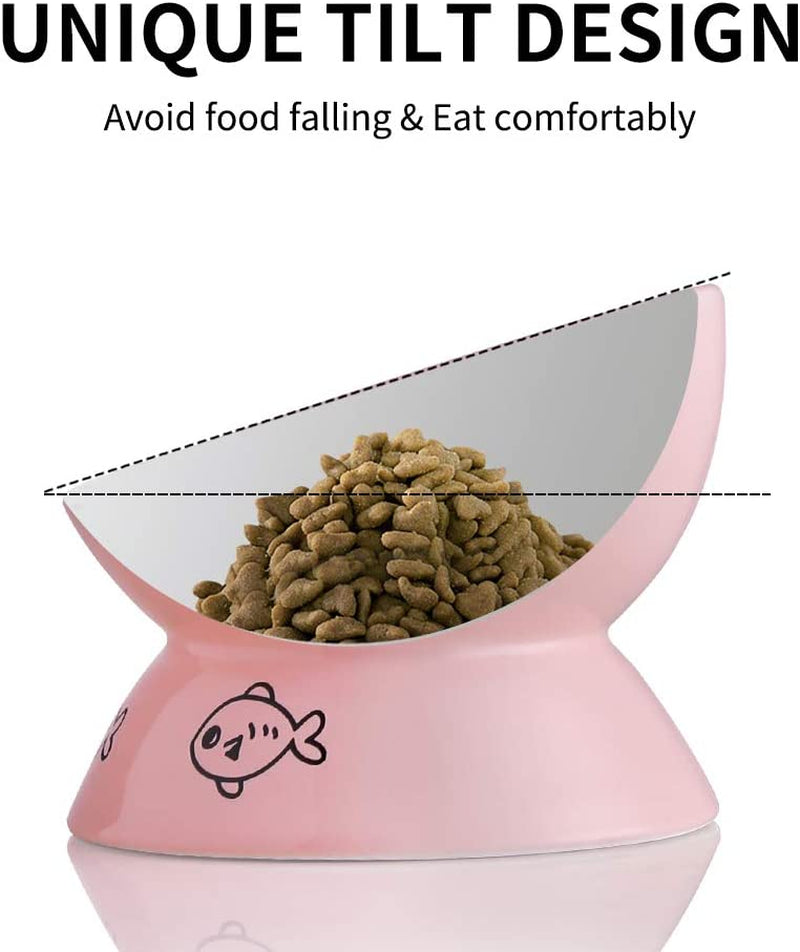 Ceramic Raised Cat Bowls, Slanted Cat Dish Food or Water Bowls, Elevated Porcelain Pet Feeder Bowl Protect Cat'S Spine, Stress Free, Backflow Prevention(Pink)
