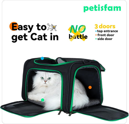 Quick-In Pet Carrier Bag for Cats & Dogs. Airy Mesh Windows Let Fur-Kids See You Reduce Anxiety & Breath Easy. Rip-Stop Fabric & Lockable Zips Hug Securely. Washable Comfy Pad. Collapsible