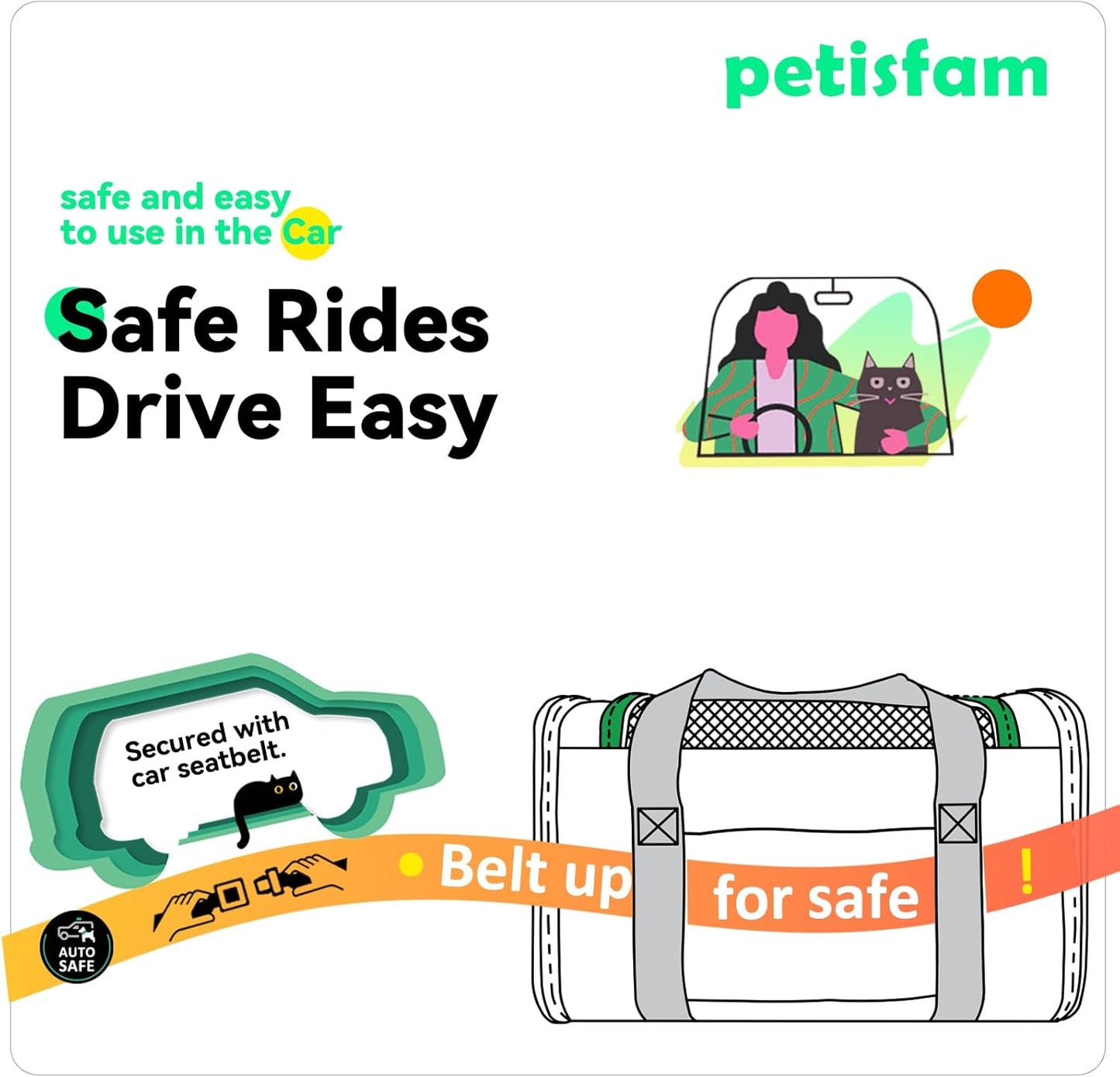 Quick-In Pet Carrier Bag for Cats & Dogs. Airy Mesh Windows Let Fur-Kids See You Reduce Anxiety & Breath Easy. Rip-Stop Fabric & Lockable Zips Hug Securely. Washable Comfy Pad. Collapsible