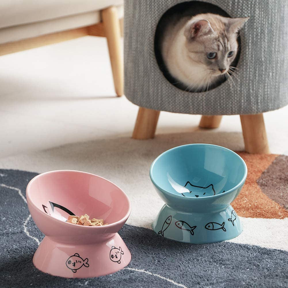Ceramic Raised Cat Bowls, Slanted Cat Dish Food or Water Bowls, Elevated Porcelain Pet Feeder Bowl Protect Cat'S Spine, Stress Free, Backflow Prevention(Pink)